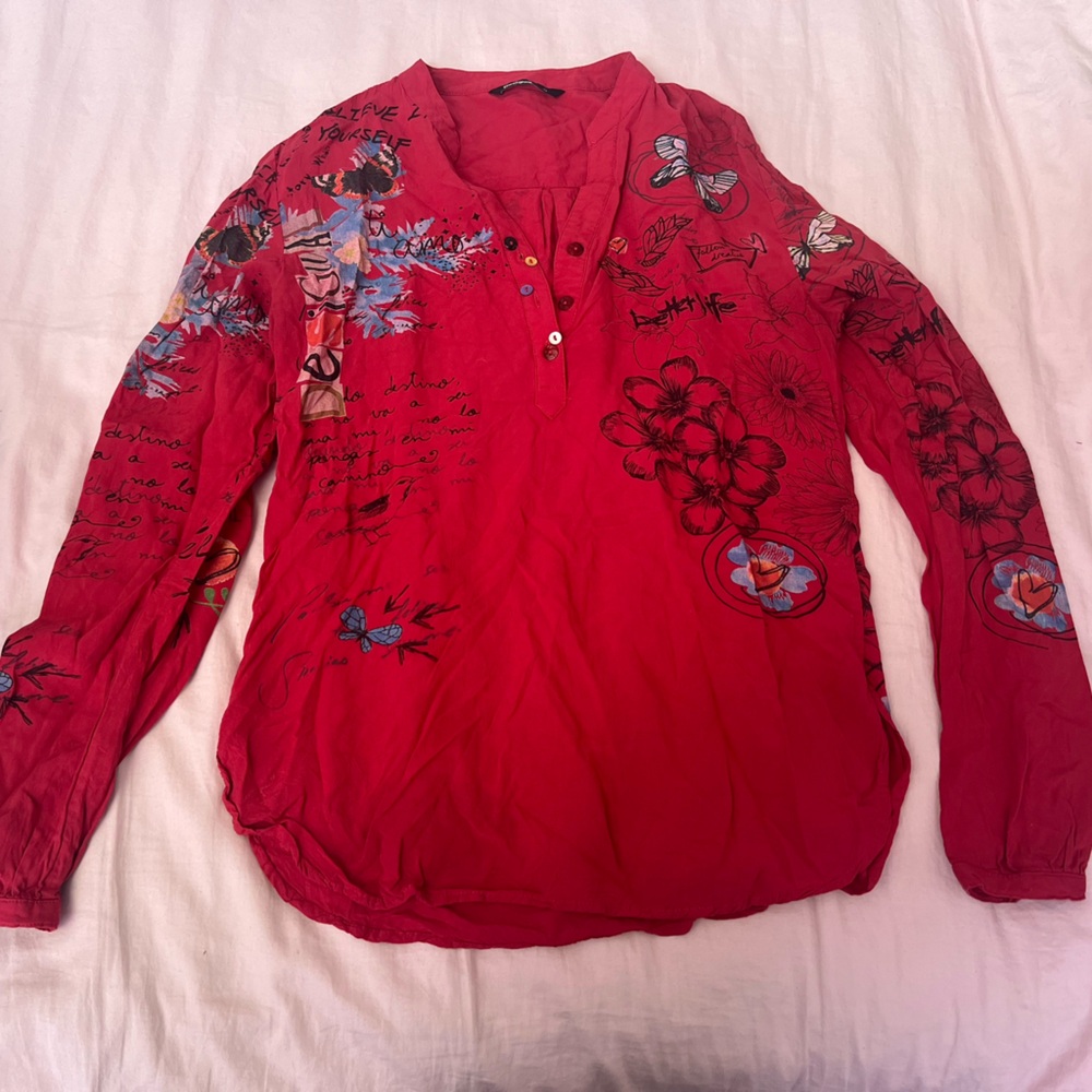 Desigual Red Y2K Graphic Floral Blouse